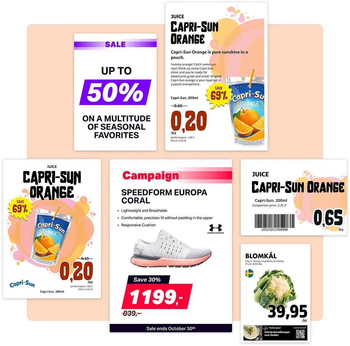 Reklamskyltar i olika format, innehållande olika produkter