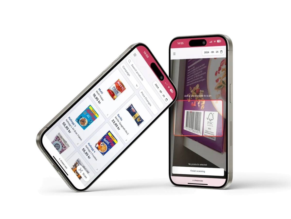 Två mobilskärmar visar Shoppa-appens produktvy och streckkodsskanning