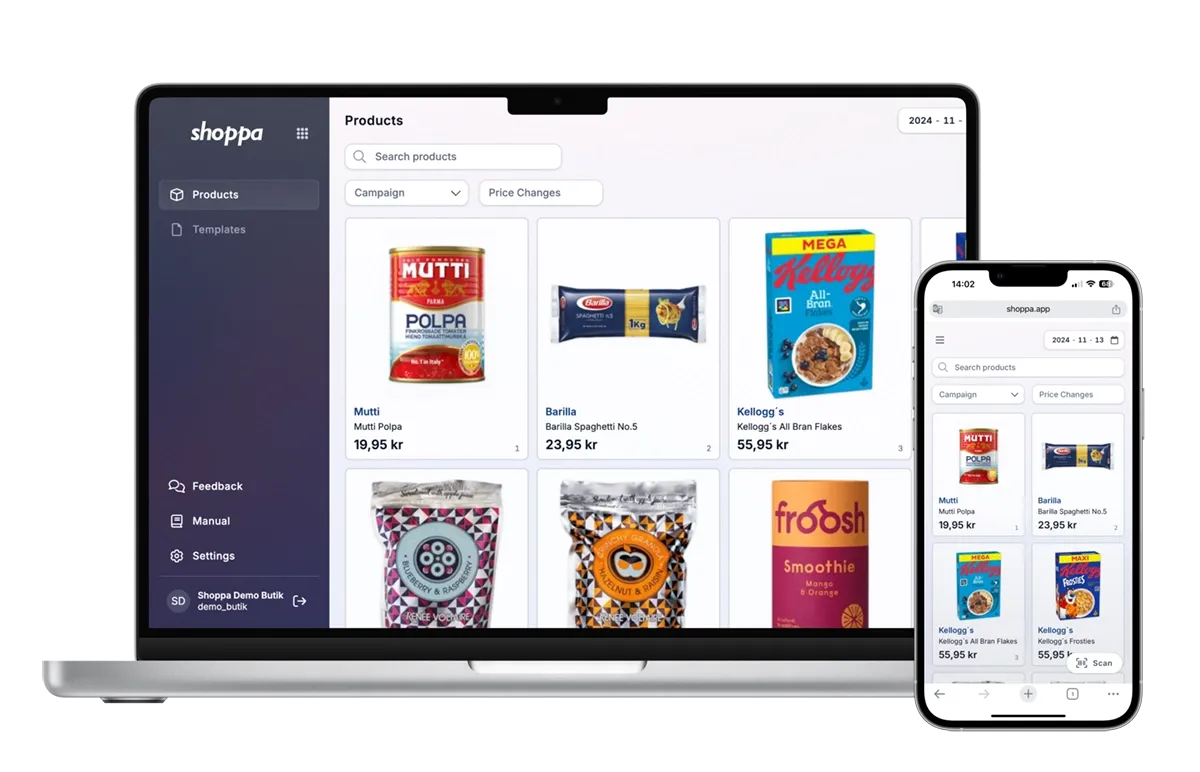 Shoppa-appens produktvy på laptop och mobil